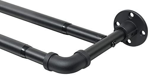 Harrms Industrial Double Curtain Pole, Curtain Poles for Eyelet Curtains, Matt Black, 74-127cm, Extendable Metal Curtain Rod Blackout Room Darkening Curtain Pole for Bedroom Living Room