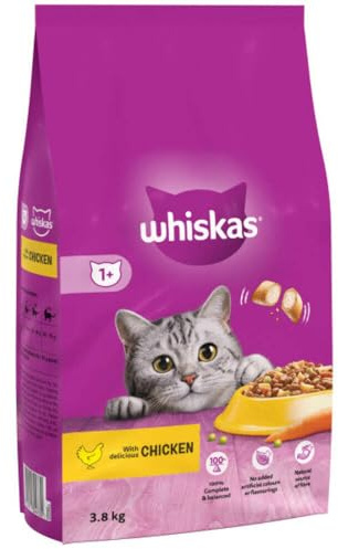 Whiskas 1+ Chicken 3.8kg Bag, Adult Cat Dry Food