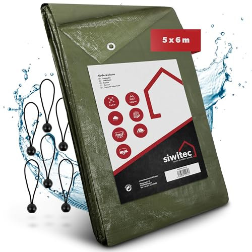 siwitec Bâche 140 g/m² avec 6 tendeurs de bâche, 5 x 6 m, en tissu avec œillets et coins renforcés, bâche de protection imperméable pour meubles de jardin, bois et bateaux