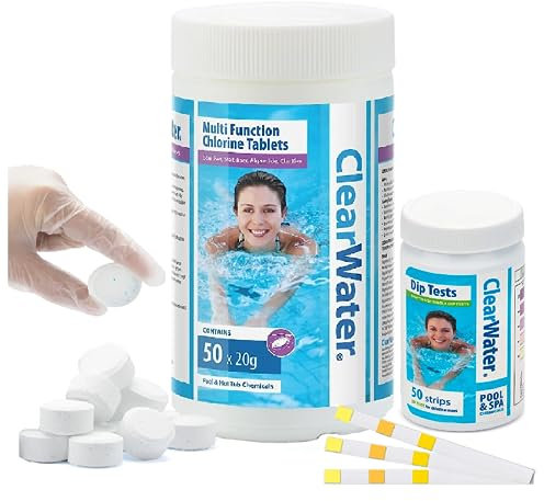 Clearwater CH0019 Multifunction 4-in-1 Chlorine Pool Cleaning Kit - 1kg Tablets, CH0043 Dip Test 50 Strips, Topline Card for Swimming Pool, Hot Tub