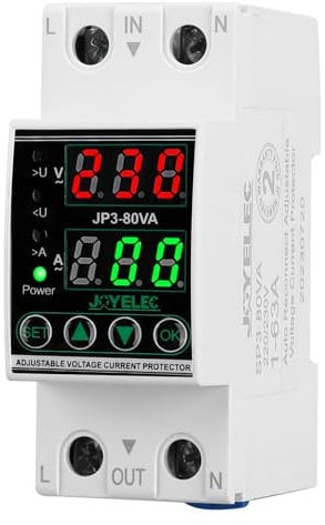 JOYELEC Protettore di sovratensione e sottotensione,Stabilizzatore di Tensione,Dispositivo AC230V protezione da sovratensione Relè di ripristino regolabile Voltmetro 63A Protezione sovracorrente
