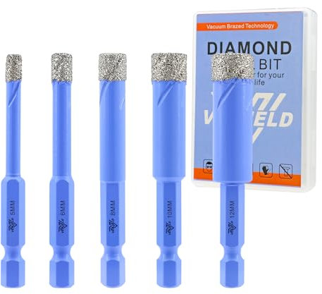 Juego de Brocas Diamante Seco - 5 Piezas 5/6/8/10/12mm Corona Diamnate para Baldosas Porcelana Cerámica Mármol Granito - Vástago Hexagonal de Cambio Rápido con Estuche VENJELD
