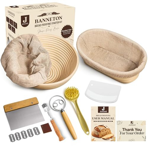 Jazaad 2 Pack Bread Proofing Basket Set 10 Inch Oval and 9 Inch Round-sourdough starter kit-banneton proofing basket-with Bread Lame and Dough Scraper-Tools for Professional and Home Bakers