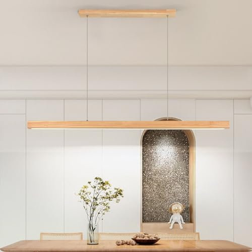 LED Pendelleuchte Holz Esstisch Esszimmer Lampe Dimmbare Moderne Linear Design Hängeleuchte mit Fernbedienung Höhenverstellbar Küchen Hängelampe für Büro Wohnzimmer (A, L80cm)