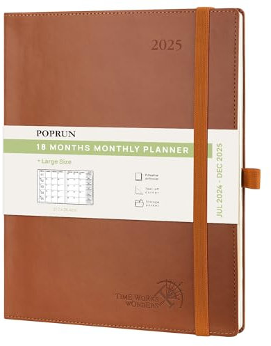 POPRUN Kalender 2025 Monatsplaner A4 (Jul.2024 - Dez.2025) - 18 Monate Monatskalender Softcover 26,5 x 21,5 cm - 1 Monat 4 Seiten, mit PU-Leder, 100 GSM Papier - Braun