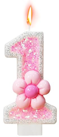 Bekecidi Geburtstag Zahlen 1 Kerzen, Rosa Blume Kuchen Topper mit Pailletten, Einzigartige 1. Geburtstag Dekorationen für Mädchen Kinder, Zahlenkuchenkerze für Geburtstagsfeier, Jubiläumsfeiern