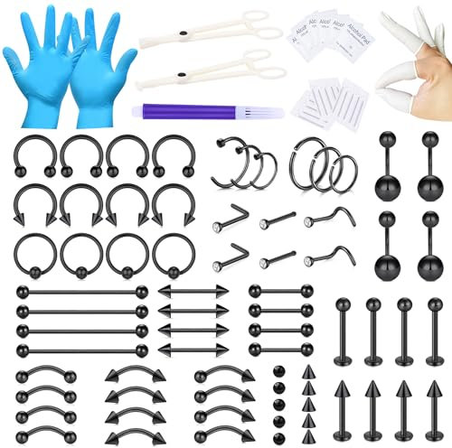 WillTen 100PCS Piercing Kits für alle Piercings, 12G 14G 16G Piercing Set Werkzeuge für Nase Septum Bauchnabel Lippe Zunge Knorpel Ohr Tragus Helix Piercing mit Piercing Schmuck Klemmen Tool Kit
