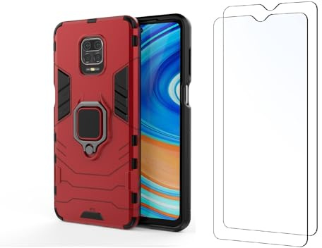 Funda y 2 Cristal Templado para móvil Xiaomi Redmi Note 9 Pro / Redmi Note 9S Carcasa Magnética con 2 Piezas Protectores Anillo Imán Antigolpes Resistente Rígida (Xiaomi Redmi Note 9 Pro/9S, Rojo)