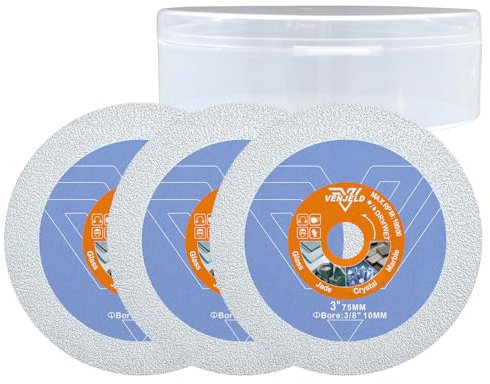 VENJELD Disco Diamantato per Taglio Vetro 75mm - 3pezzi Dischi da Taglio con Foro 10mm per Vetro Giada Cristallo Bottiglia Vino Ceramica Piastrella Marmo