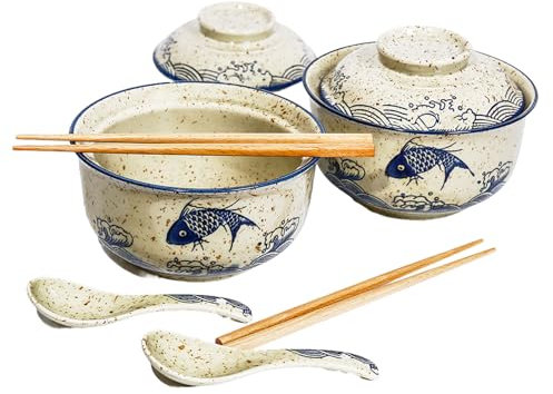 Ceramic Ramen Bowl Set, 800ml with Lid, Spoon and Chopsticks, Japanese Vintage Large Soup Bowls Instant Noodle Bowl Asian Tableware (Fisch*2)