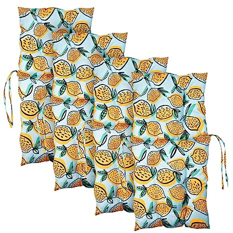 MG Design 4er-Set Stuhlkissen 100x50 cm mit Zitrone Druck - Stuhlkissen mit Bändern, Steppkissen - Sitzkissen für Gartenstuhl, Outdoor Stuhlauflage als Stuhl Kissen, für Indoor und Outdoor