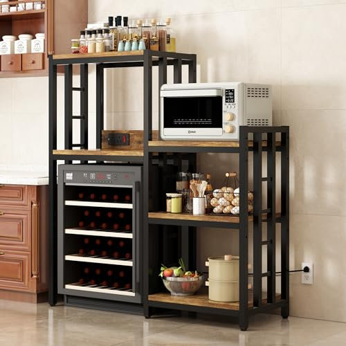 Kitchen Baker's Rack with power outlet, Microwave Oven Stand with Storage Suitable for Kitchen Living Room Office Storage Shelf, Mini Fridge Stand Shelves for Spices, Pots and Pans (Metal, Brown)