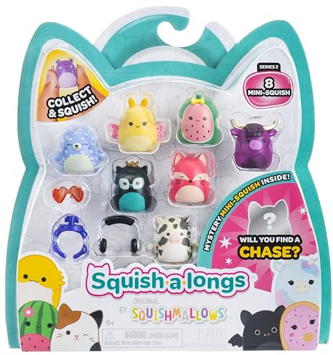Squish-a-longs 8 Pack (STYLE 4- W2) - (8) 1” Mini-Squish with (2) Accessories, (1) Ring, and a Collector’s Guide - Collect, Trade, & Play
