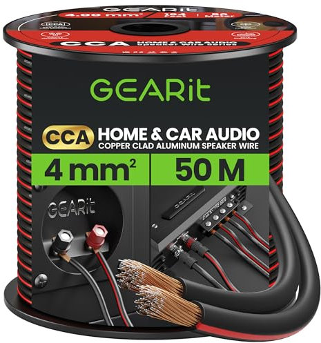 GEARit 12 Gauge 2x4mm² Speaker Cable CCA Wire (50m - Black) Copper Clad Aluminum - Great for Hi-Fi Home Theater and Car Speakers - 12awg