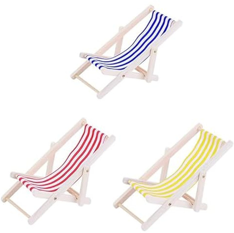 Sarini 3-teiliger Miniatur-Strandstuhl für Puppenhäuser,Mini-Klapp-Strandstuhl aus Holz,Puppenhaus,Mini-Liegestuhl,Puppenhaus-Möbelzubehör für drinnen und draußen