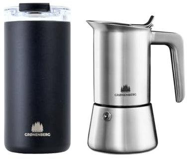 Groenenberg Thermobecher black 473ml + Espressokocher Induktion 4 Tassen (200ml)| Kaffeebecher to go + Mokkakanne aus Edelstahl