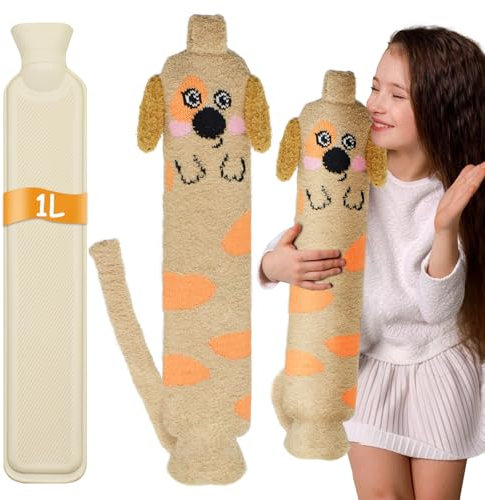 Cyiecw Cartoon Plüsch Wärmeflasche Lang, 1 Liter Kinder Wärmflasche mit weichem Bezug, 57 x 10cm Kleine Kapazität Schlauch Wärmflasche Tier für Schulter, Nacken und Bauch (Hündchen)