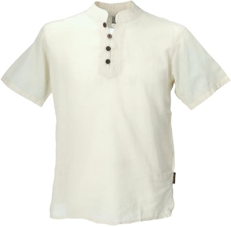 GURU SHOP Yoga Hemd, Goa Schlupfhemd, Kurzarm Männerhemd, Baumwolle, Creme