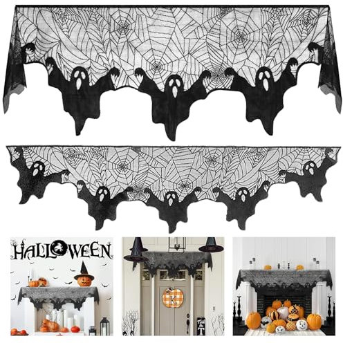 Wzone 55 x 200 cm Halloween Spinnennetz Deko, Geister Schwarz Spitze Spinnennetz, Grusel für Tür Karneval Halloween Party