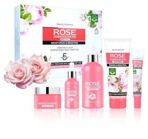 5PCS Rose Skincare Set - Mothers Day Hamper-Skin Care Sets & Kits - Gift For Women With Cleanser,Eye Cream,Facial Toner,Facial Serum,Face Cream - Pamper Gifts For Women for Deep Hydration