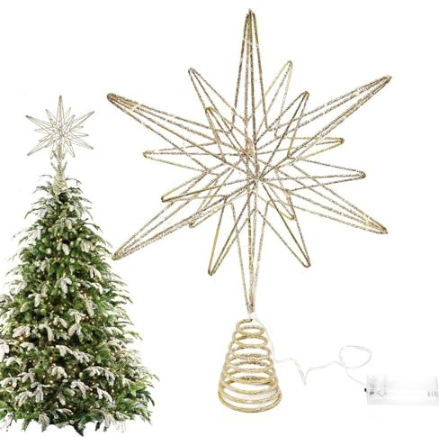 Punta de Árbol de Navidad con Luz LED, 32 cm, Estrella Iluminada, Decoración Hueca para Interior y Exterior, Casa u Oficina