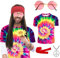Betensh 70er Hippie Kostüm Herren Damen, Accessoires Batik Shirt Hippie Brille Peace Kette, 70er Jahre Outfit Herren für Karneval Cosplay XL