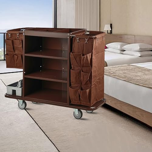 Hotel- und Housekeeping-Wagen auf Rädern, multifunktionaler gewerblicher Reinigungswagen mit Beuteln mit großem Fassungsvermögen, für gewerbliche Einrichtungen/Schulen/Büros,Braun