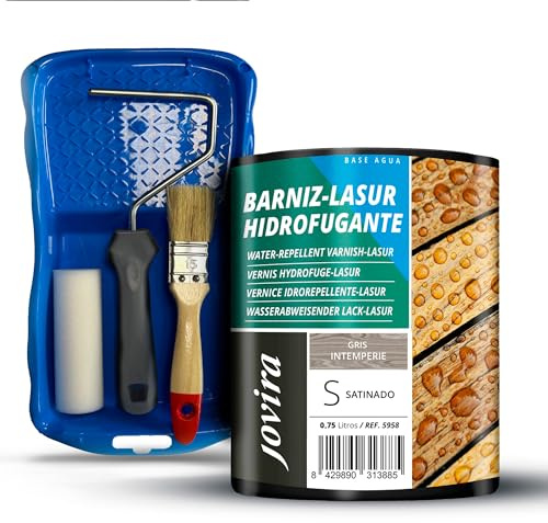 JOVIRA PINTURAS Barniz-Lasur Hidrofugante Protector Satinado al Agua y Kit con Minicubeta, Rodillo de Espuma, Varilla y Paletina. (750 Mililitros, Gris Intemperie + Kit Barniz-Lasur) E-37-K
