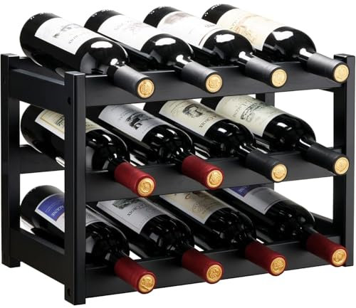 Sturdy and Durable Wine Storage Cabinet Shelf Wine Racks Countertop for Pantry,Kitchen,3-Tier 12 Bottles Wine Rack Black
