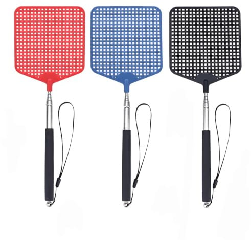 Maykafay Matamoscas Manual 3 Piezas Matamoscas Extensible, Control Manual de Swat Ajustable para Controlar Moscas, Mosquitos, Avispas, Plagas, Negro, Azul, Rojo