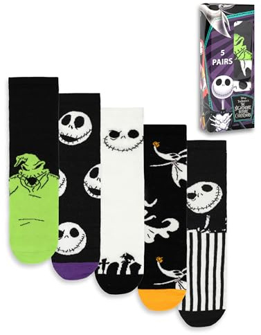 Disney The Nightmare Before Christmas Jack Skellington Calf Socks Set of 5 | Unisex Adult Socks with Skulls, Stripes & Characters | Everyday Wear & Halloween Merch