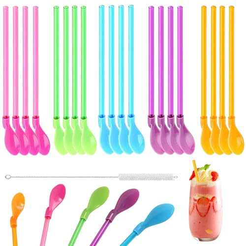 20 StüCk Strohhalm Mit LöFfel,Wiederverwendbar Slush Strohhalme LöFfel,2-In-1 Slush Eis Strohhalme Mit LöFfel,Slush Eis Becher LöFfel Mit StrohhalmbüRste,Geeignet FüR Kaffee,Cocktails (20 StüCk)