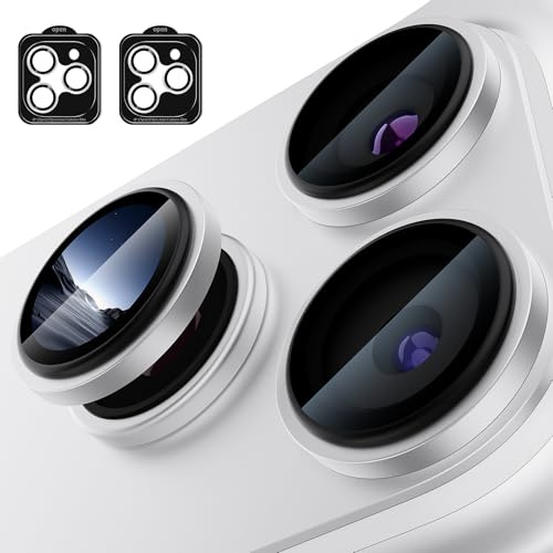 Diruite 2 Pieces Camera Lens Protector for iPhone 17 Pro/Pro Max Tempering Glass,Convex Platform HD Lens Cover+Aluminum Rim Positioning assisted installation Camera Protection,Silver