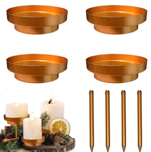 Kerzenhalter Adventskranz 8 cm Kerzenteller Metall,2 In 1kerzenhalter Mit Dorn Abnehmbar,Kerzenständer Gold Kerzenstecker Adventskranz Basteln 4er Set Stumpenkerzenhalter Teelichthalter