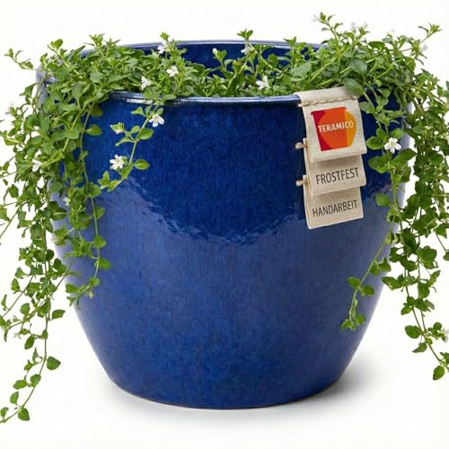 Teramico Växtkruka keramik, rund, frostbeständig (kungsblå, 29 cm x 23 cm) | Rund premium blomkruka i äkta hantverk. Kan kombineras i många storlekar och färger, perfekt för trädgård och balkong.