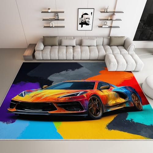 Generisch Moderner 3D-Druck Teppich Bunte Sportwagen-Graffiti 120x180cm Weich Kurzflor Wohnzimmer Großer Teppich für Schlafzimmer Esszimmer Küchen, Waschbar rutschfest Design