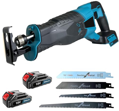 JUTOSGSKW Professional Säbelsäge, 3500spm Akku Säbelsäge Elektrische Reciprosäge, Säbelsäge mit 4 Sägeblätter und 2x3000mAh Akku für Holz & Aluminium