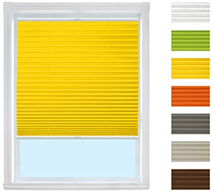 Plissee Rollo mit Klemmfix (Gelb, B40cm x H130cm) Rollo Jalousie | Easyfix klemmträger ohne Bohren verspannt/Faltrollo Sichtschutz und Sonnenschutz für Fenster und Tür/Farbe & Größe wählbar
