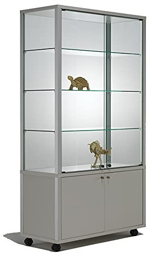 MHN Glasvitrine mit Rollen T 43 x B 99 x H 183 cm - breite Ausstellungs-Vitrine mit Unterschrank abschließbar - Glas Vitrinenschrank - LED-Beleuchtung