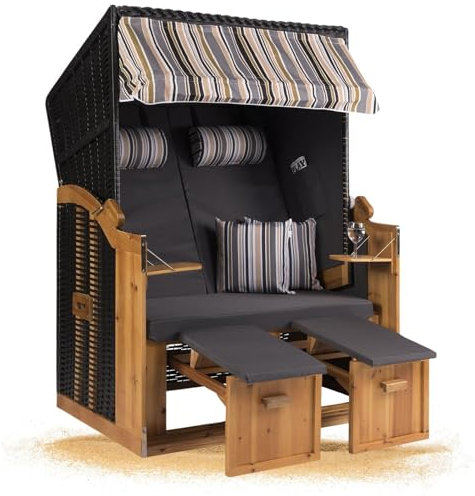 Strandkorb Hanse Strandkorb Ostsee XXL Volllieger Anthrazit - 2-Sitzer 120cm breit, ideal für Garten, Terrasse und Balkon (Oliv Grau Weiß Uni, Montiert)