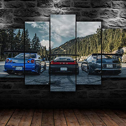 IMXBTQA Mit Rahmen Vlies Leinwanddrucke 5 Teilig Kunstdruck Leinwand Bild XXL Format Wandbilder Wohnzimmer Wohnung Deko 125X60Cm,Nissa Skyline NSX Toyota Supra JDM Auto Geschenk