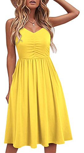 YATHON Vestidos Casuales para Mujer, sin Mangas, de algodón, para Verano, Playa, con Tirantes Delgados, con Bolsillos, Yt090-yellow, Large
