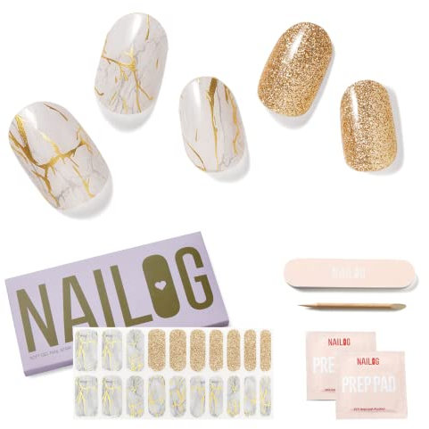 NAILOG Halbgehärtete Gel-Nagelstreifen 20pcs Lang anhaltende Nagellackstreifen, Gel-Nagelaufkleber in Salonqualität, Nail Art Wrap Kit mit glänzendem Gel-Finish,White Marble