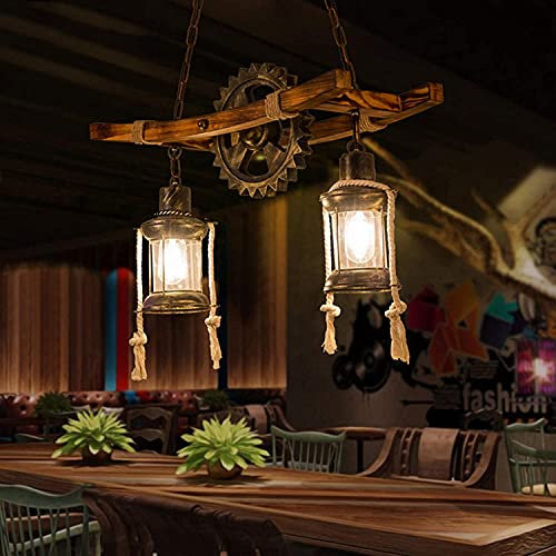 COOYO Pendelleuchte Holz Antik Hängeleuchte Kreative Industrielle Loft Hängelampe E27 Holz Metall Höhenverstellbar Pendellampe Glas Lampenschirm Kronleuchter Esszimmer Café Hotel Keller Dekorative