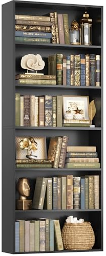 FOTOSOK 6-Tier Open Bookcase and Bookshelf, Freestanding Display Storage Shelves Tall Bookcase for Bedroom, Living Room and Office, Black