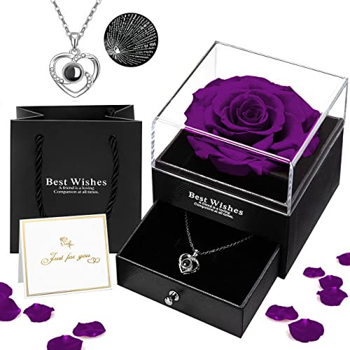 Oauir Gusix Preserved Real Rose in Box with I Love You Necklace Eternal Flower Valentine Gifts for Her Girlfriend Wife on Wedding Anniversary Birthday Mother's Day Christmas