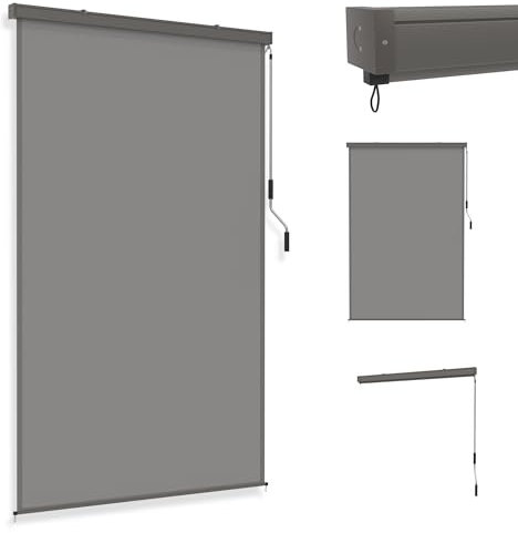 YRHome Senkrechtmarkise 160x250cm Außenrollo Sonnenschutz Balkonrollo Balkonmarkise Vertikalmarkise Sichtschutz Windschutz Rollo Aluminium mit Handkurbel & Montageset für Balkon & Terrasse Grau