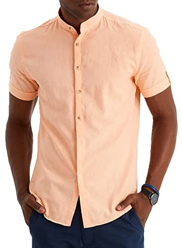 Leif Nelson Chemise d'été en lin pour homme - Manches courtes - Henley pour les loisirs et le travail - Mélange de lin et de coton - Coupe droite, Rose saumon, XL