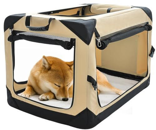 Pettycare Faltbare Hundebox für mittelgroße Hunde, 76,2 cm, 4 Türen, faltbar, weich, mit kaufesten Netzfenstern, für drinnen und draußen, Reise-Hundebox, Beige