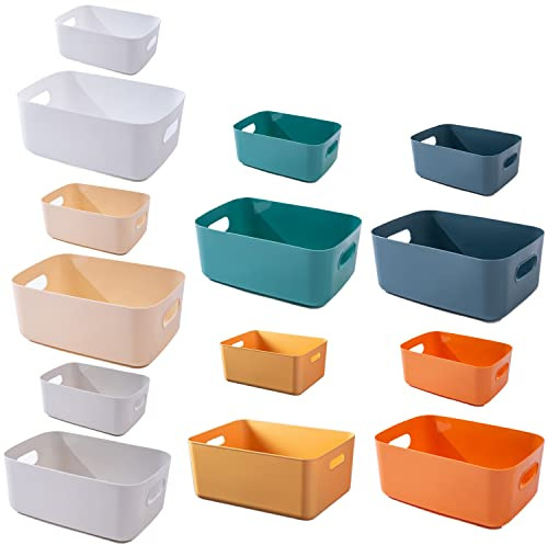 NCRGB 14 Stück Kunststoff Aufbewahrungsboxen,Mehrere Farben Organisation Aufbewahrungskörbe für Küche,Schrank,Büro,Bad,Spielzeug,Home Tidy Open Storage Bins mit Griffen